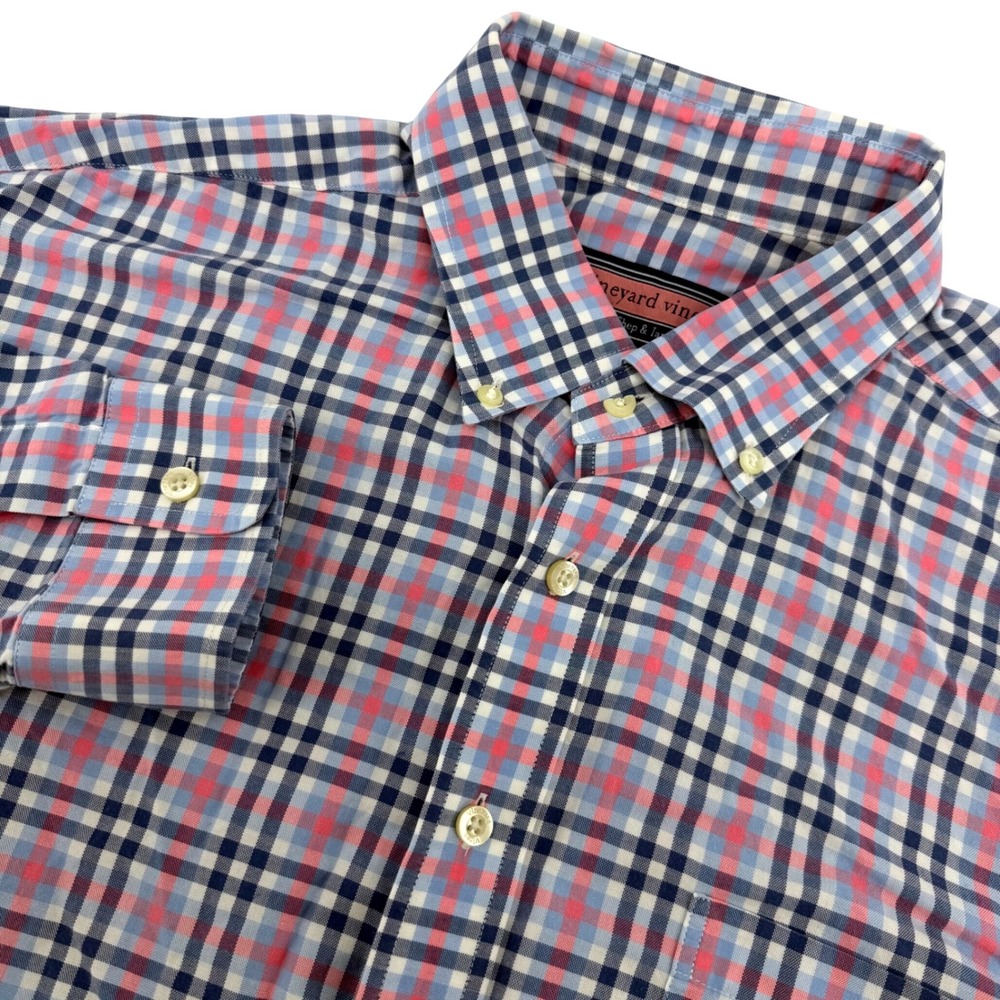 Vineyard Vines Murray Shirt Mens XL Blue Pink Plaid Cotton Button Down LS